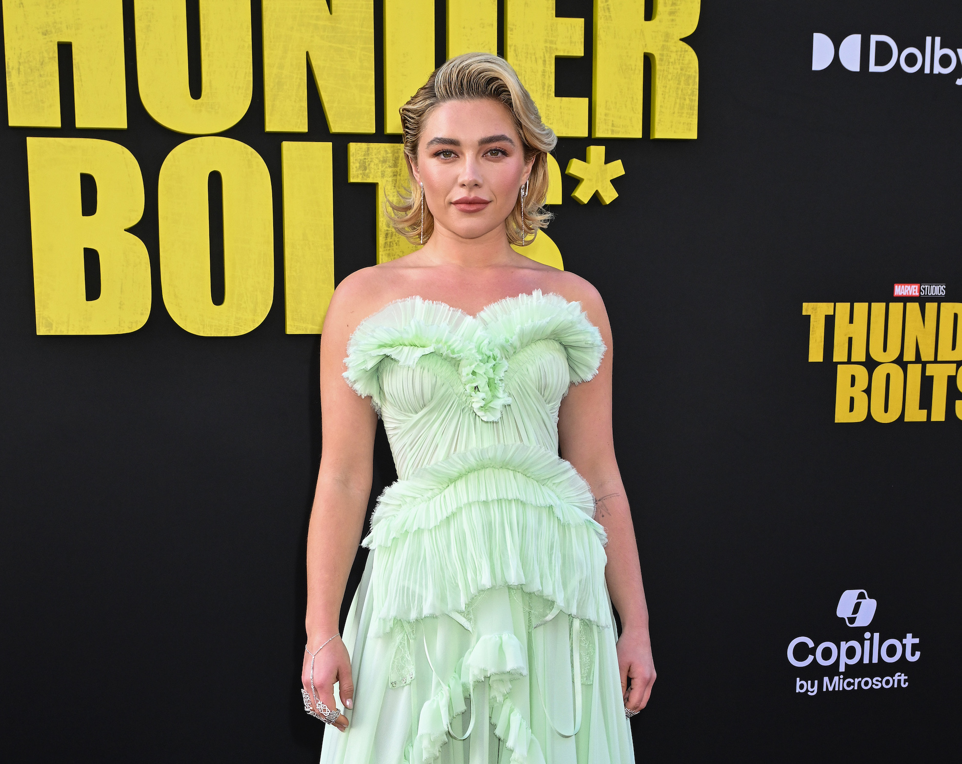 Florence Pugh Softens the Spotlight in McQueen at 'Thunderbolts'