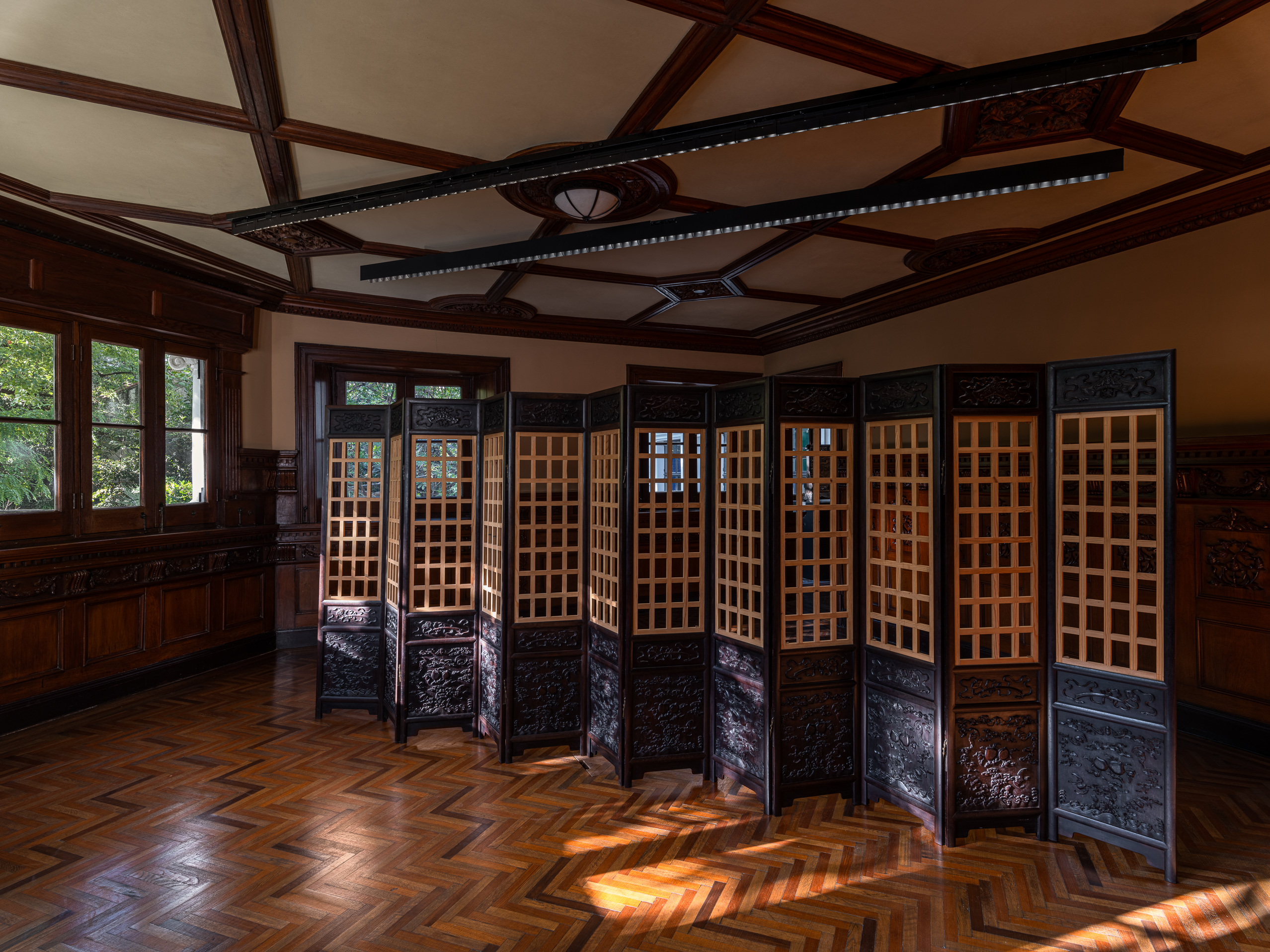 Exhibition views of “Paraventi: 屏” Prada Rong Zhai, Shanghai Courtesy Prada
12 leaf imperial zitan wood screen
18th century
Zitan wood, 173.2 x 470.2 x 2.7 cm Xiao Gu Shan Guan Collection, Beijing